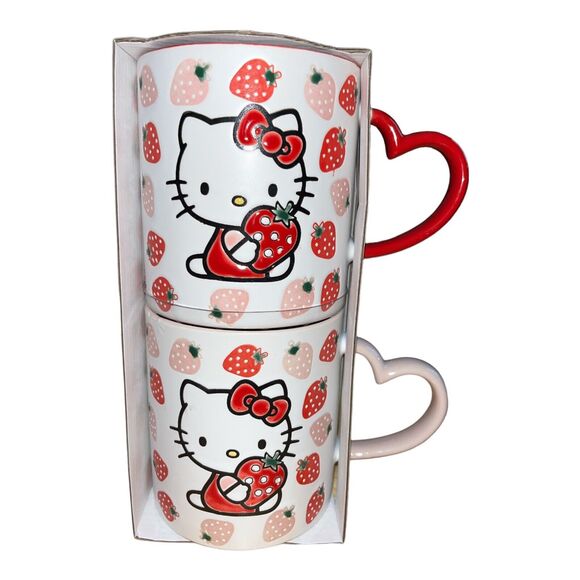 Hello Kitty Blue Sky Set of 2 Red & Pink Strawberry Mugs Heart Handle NWT - Picture 1 of 4